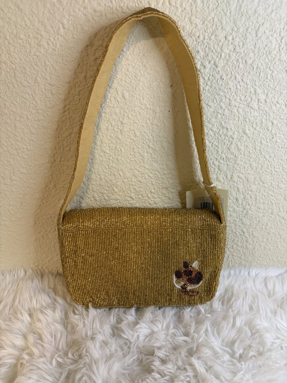 Viral Beaded Cat Gold Shoulder Bag Calico Kitty Fish Bone Novelty Purse NWT - Picture 5 of 7